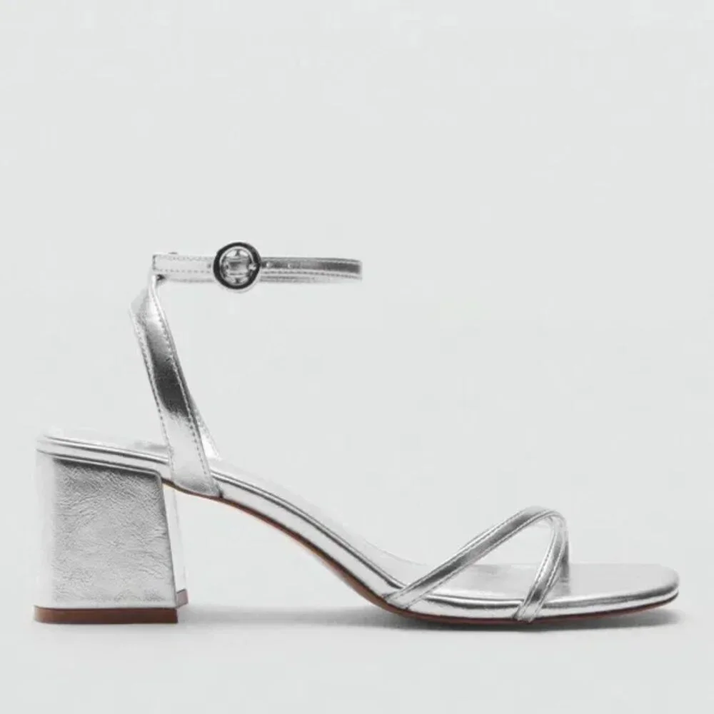 Mango Women's Silver Gaby Leather Block Heeled Ankle Strap Sandal‎ Size 8